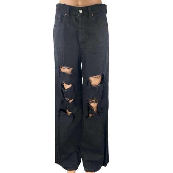 Pacsun Women's Black Distressed Wide Leg High Waist Baggy Denim Jeans Pants 27 - Picture 1 of 6